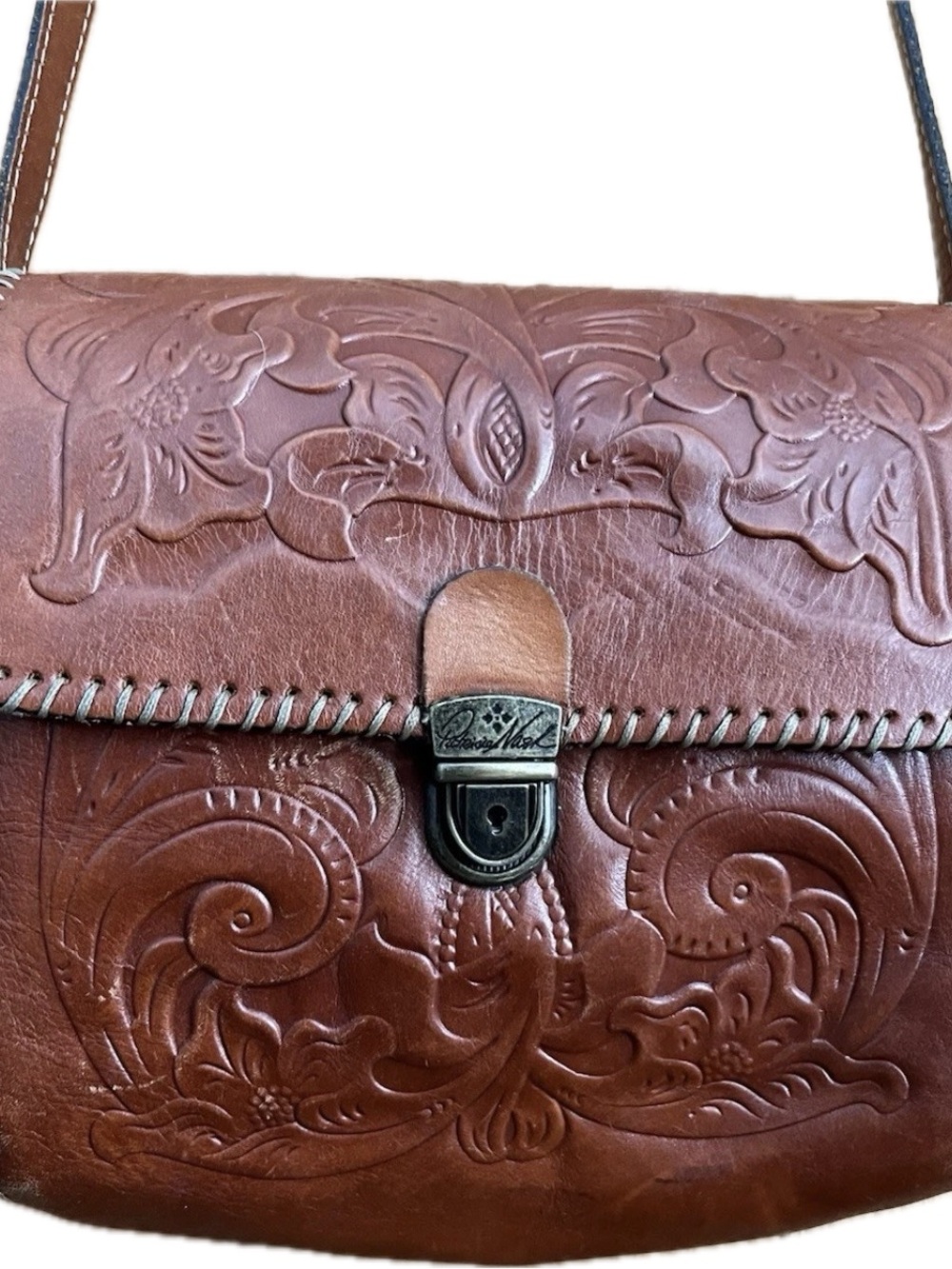 Patricia Nash Cognac Floral Tooled Leather Satchel